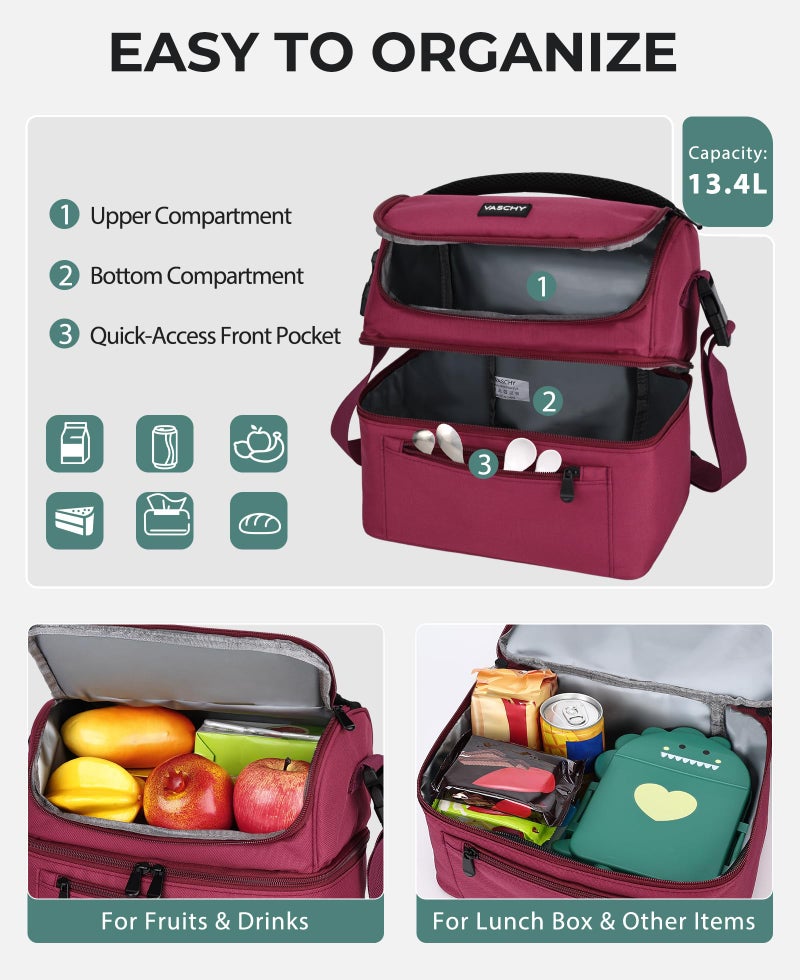 VASCHY Lunch Bag, Insulated Lunch Box Leak-proof Cooler Bag in Dual Compartment Lunch Tote for Men, Women, 14 Cans (Burgundy) - Image 3
